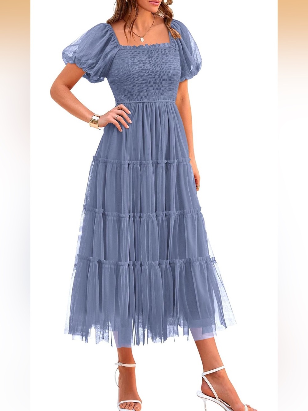 PRETTYGARDEN Blue Smocked Tulle Midi Dress Size Medium